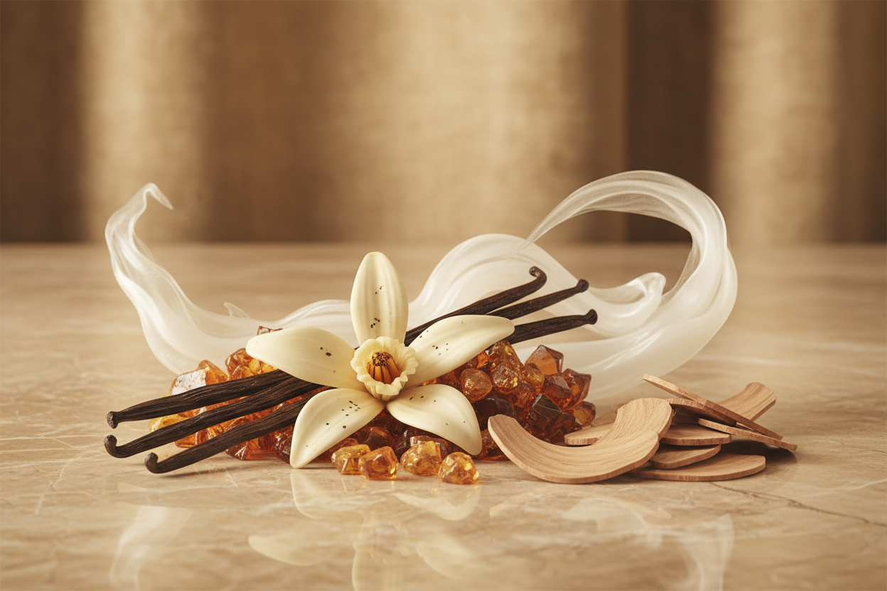 Give ingredient image - It settles into a warm, sensual base of musk, vanilla, sandalwood, and amber, leaving a smooth and elegant trail